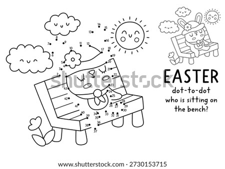 Easter village vector dot-to-dot and color activity with bunny sitting on the bench on sunny day. Black and white spring connect the dots game with holiday symbol. Line printable worksheet
