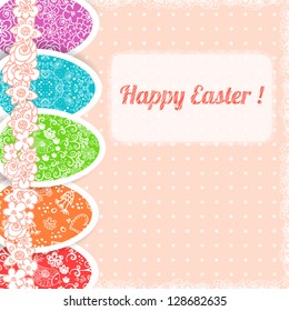 Easter vintage background frame with colorful ornament eggs with place for your text. Vector illustration