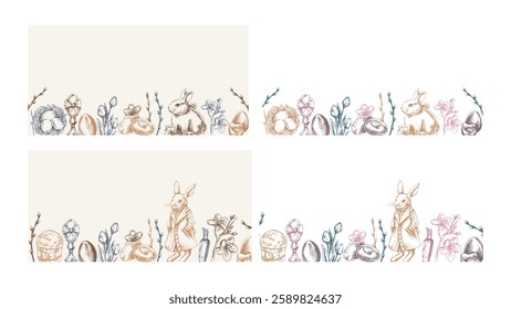 Easter vintage border with bunny, eggs, flowers, willow, sketch hand drawn

