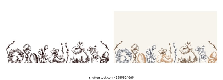 Easter vintage border with bunny, eggs, willow, spring flowers, hand drawn

