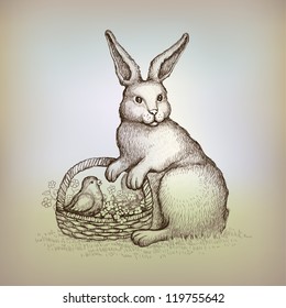 Easter vintage card. Illustration of bunny