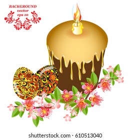 Easter vintage greeting card with spring branch red flower, eggs, easter cake and fire candle,  isolated on white background vector illustration