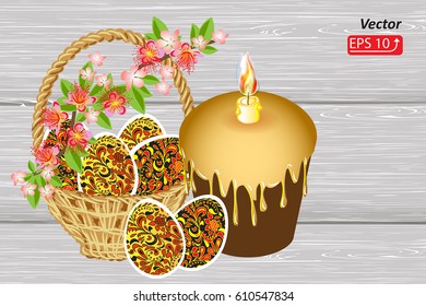 Easter vintage greeting card with spring branch red flower, basket eggs, easter cake and fire candle,  isolated on white wooden background vector illustration