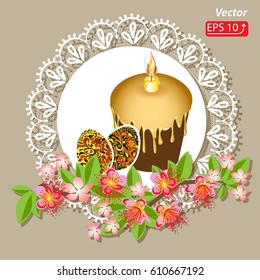 Easter vintage greeting card with spring branch red flower, eggs, easter cake and fire candle,  isolated on white beige lace background vector illustration