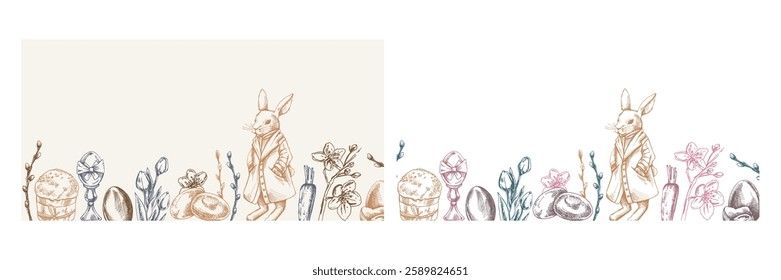Easter vintage hand drawn border with bunny, eggs, willow and flowers in pastel colors

