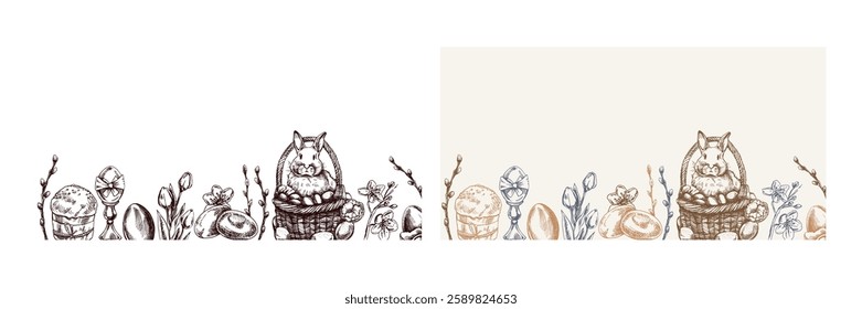 Easter vintage hand drawn border with bunny in basket, eggs, willow and flowers


