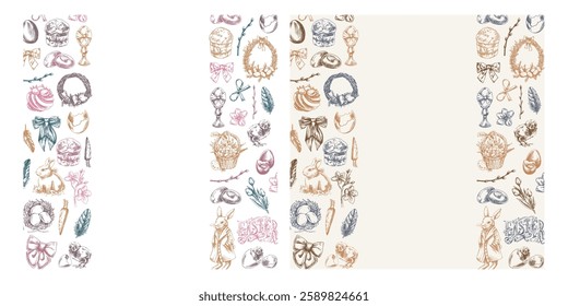 Easter vintage hand drawn border set with pastel and monochrome sketches


