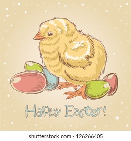 Easter vintage hand drawn card with cute little chicken and colored eggs