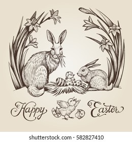 Easter vintage hand drawn illustration. Happy Easter lettering card design. Vector scene with bunnies, chickens, festive eggs, flowers and nest.
