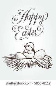 Easter vintage hand drawn illustration with lettering and the newly hatched chick in nest. Vector card design.