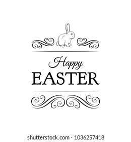 Easter vintage hand drawn vector illustration. Happy Easter lettering card design with bunny, ornate frames and swirls.