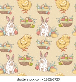 Easter vintage hand-drawn seamless pattern with chicken, rabbit and basket full of painted eggs