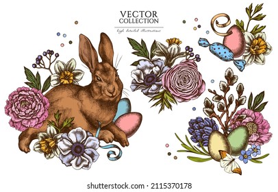 Easter vintage illustrations collection. Hand drawn logo designs with rabbit, eggs, willow branches, candies, great orange-tip, anemone, viburnum, ranunculus, hyacinth, peony, forget me not flower