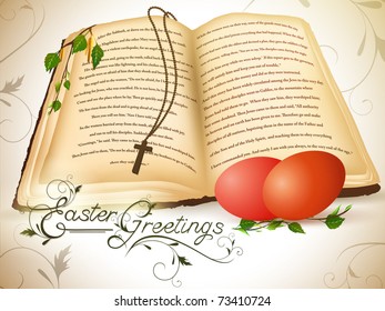 Easter vintage postcard with open old Bible and eggs