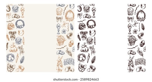 Easter vintage sketch border collection with pastel and monochrome elements

