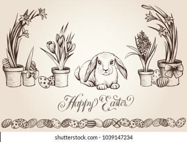 Easter vintage vector card. Bunny eggs hunter looking for hidden eggs between spring flowers. Happy Easter hand drawn bunner with cursive calligraphy.