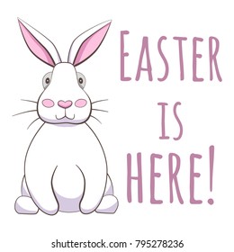 Easter vintage vector card with white cartoon rabbit with heart shaped nose