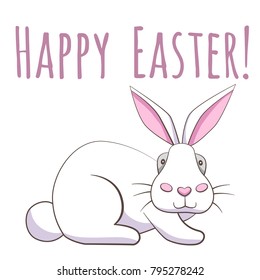 Easter vintage vector card with white cute cartoon rabbit with heart shaped rose nose