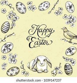 Easter vintage vector frame. Hand drawn card with bunny, festive eggs, spring blossom flowers and bird. Happy Easter calligraphy.
