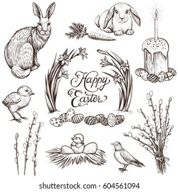 Easter vintage vector illustrations set. Hand drawn sketch of rabbits, festive eggs, narcissus flowers, willow branches, cake, nest, chickens and robin bird. Happy Easter calligraphy.