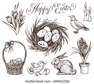 Easter vintage vector illustrations set. Hand drawn sketch of rabbit, festive eggs in the basket, spring flowers, nest, chicken and robin bird. Happy Easter calligraphy.