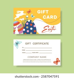 Easter voucher with colorful Easter eggs and bunnies. Gift certificate template for Easter holidays. Vector.