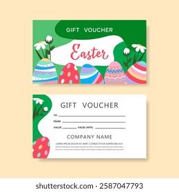 Easter voucher with colorful Easter eggs. Gift certificate template for Easter holidays. Vector.