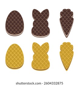 Easter wafer cookies in the shape of an egg, bunny and carrot. Waffles filled with creme, cacao. Confectionery, snack, crunchy dessert for Easter design