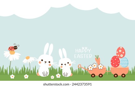 Easter wallpaper with daisy flower, lady bug, rabbit cartoons, garden cart, carrot and Easter eggs on green grass on sky background vector.
