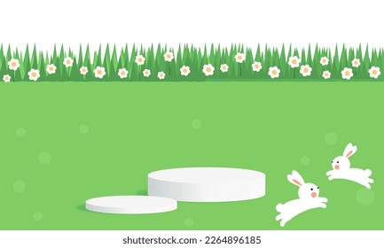 Easter wallpaper with white podium display 3d rendering, green grasses, daisy flower and rabbit bunny cartoons on green background vector illustration. 