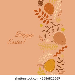 Easter. Warm toned greeting card featuring golden and brown eggs, botanical elements, leaves, and flowers on a soft orange background.