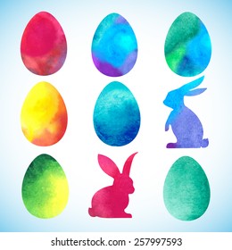 Easter watercolor background  with eggs.Perfect for  invitations, posters and easter cards