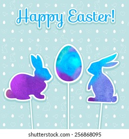 Easter watercolor background and seamless pattern with eggs, rabbits, birds, hearts,butterfly.Perfect for  invitations, posters and easter cards