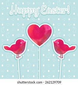 Easter watercolor background and seamless pattern with eggs, rabbits, birds, hearts,butterfly.Perfect for  invitations, posters and easter cards