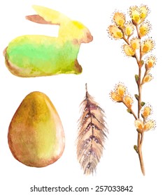 Easter watercolor collection with rabbit, egg, feather and willow for beautiful Holiday design