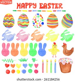 Easter watercolor decor set.Ornament eggs ,cake,silhouette of heart rabbit,chicken,green branches,brushes .Isolated clipart.For card,invitation.Vintage vector.Style of childrens hand drawing