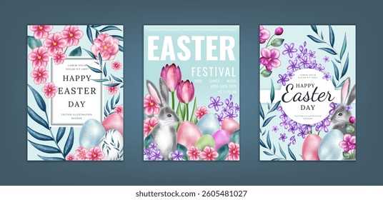 Easter watercolor flowers. Happy bunny, background card. Rabbit, eggs of spring. Frame pattern, floral invite, cute animal, greeting postcard. Realistic isolated botanical vector poster collection