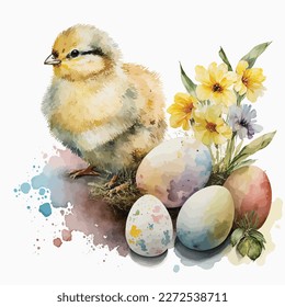 Easter watercolor illustration of eggs, bunny, rabbit, chick, flowers colorful, isolated, white background