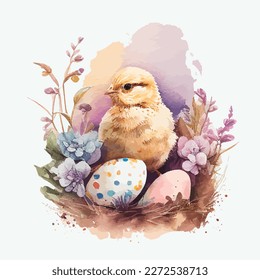 Easter watercolor illustration of eggs, bunny, rabbit, chick, flowers colorful, isolated, white background