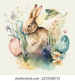 Easter watercolor illustration of eggs, bunny, rabbit, chick, flowers colorful, isolated, white background