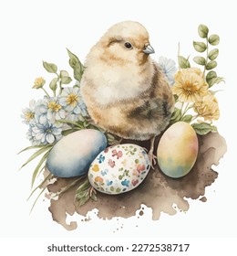 Easter watercolor illustration of eggs, bunny, rabbit, chick, flowers colorful, isolated, white background