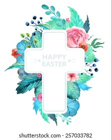 Easter watercolor natural illustration with cross sticker for beautiful Holiday design