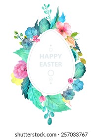 Easter watercolor natural illustration with egg sticker for beautiful Holiday design