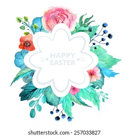 Easter watercolor natural illustration with flower sticker for beautiful Holiday design