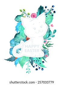 Easter watercolor natural illustration with kitten sticker for beautiful Holiday design