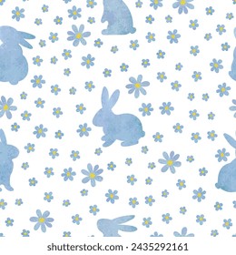 Easter watercolor pattern with bunny silhouettes and flowers. Vector spring background