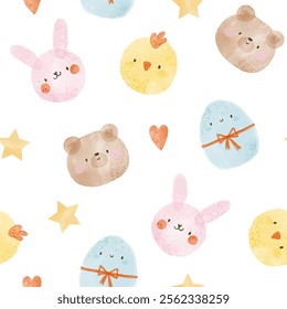 Easter watercolor seamless pattern with pink bunny, yellow chicken, brown teddy bear, blue egg, stars, hearts. Kids seamless pattern vector desigh.