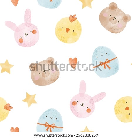 Easter watercolor seamless pattern with pink bunny, yellow chicken, brown teddy bear, blue egg, stars, hearts. Kids seamless pattern vector desigh.