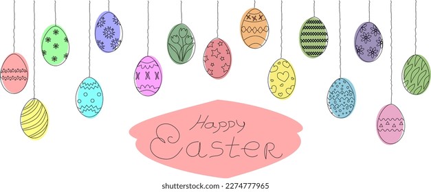 Banner web de Pascua con huevos pintados de colores de Pascua. Huevos de Pascua con textura diferente. Ilustración del vector EPS10