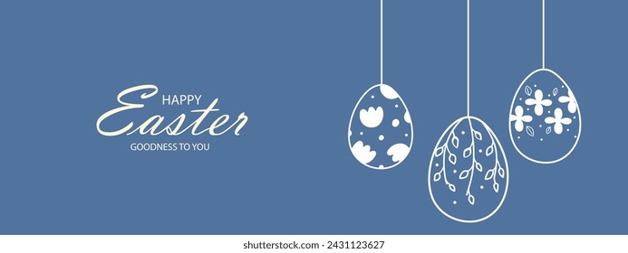 Easter web banner with garland of vintage Easter eggs on blue background with place for text. Happy Easter. Garland with silhouettes of vintage eggs suspended on strings.